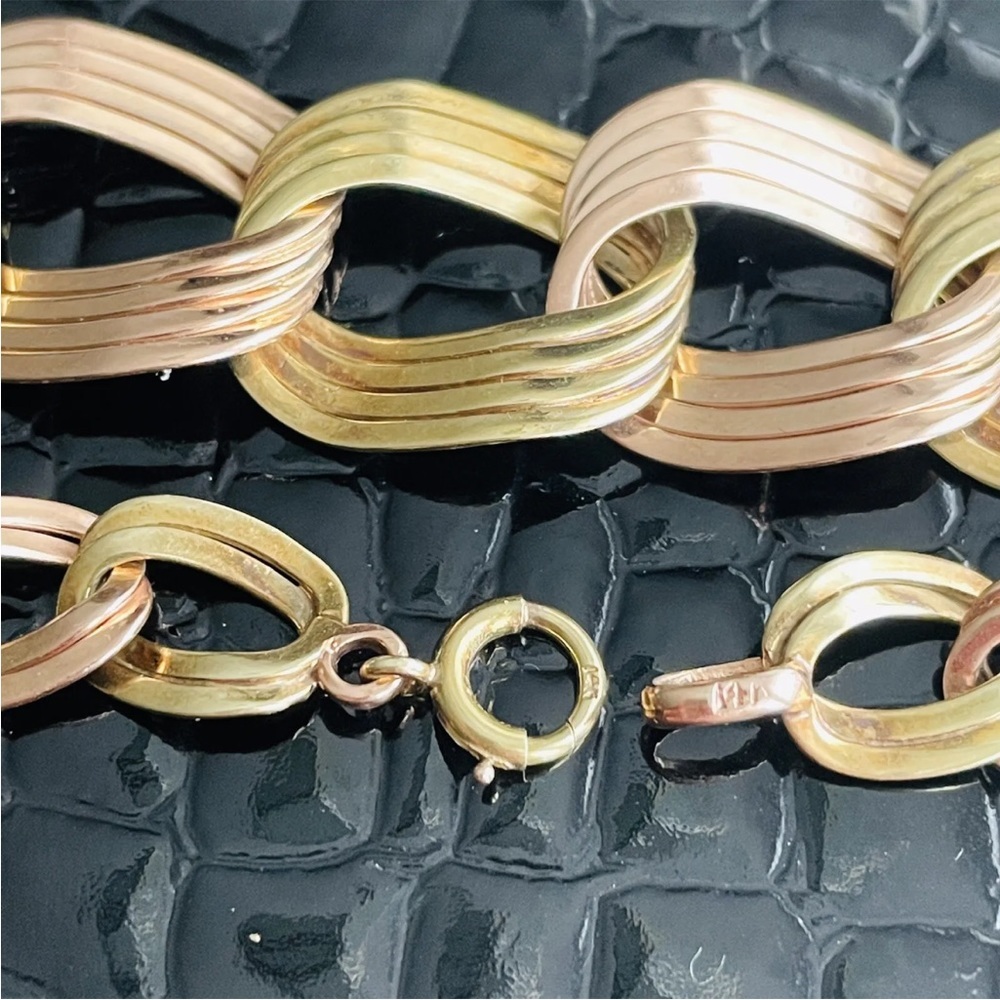 BIG 14K Solid Gold Binder Bros NY 2 Tone Graduated Chain Link Necklace 1950s MCM - Picture 7 of 10